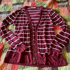 Zenana striped cardigan maroon and white